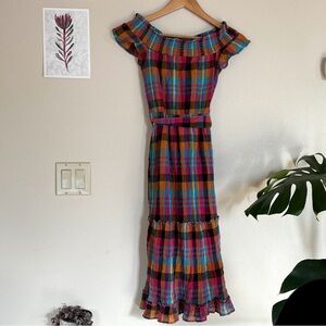 Rainbow Plaid Off Shoulder Midi Dress XS EUC 100% Cotton